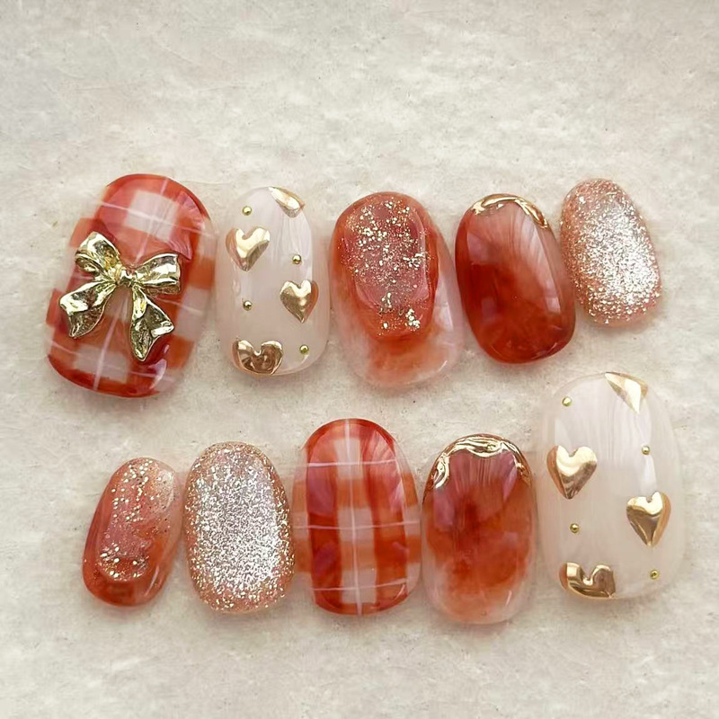 Red Christmas and New Year Series Gilt Bow Plaid Wearable Nails Sparkling Cat's Eye Amber Smudged Manicure Patches Red Christmas and New Year Series Gilt Bow Plaid Wearable Nails Sparkling Cat's Eye Amber Smudged Manicure Patches