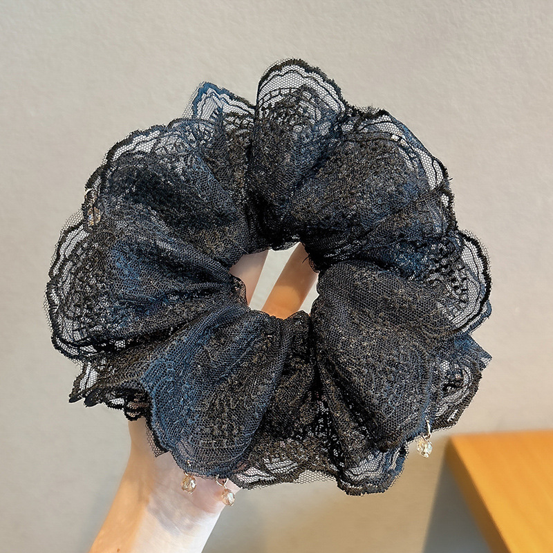 Accesorio para el cabello de estilo francés para mujer, pañuelo cuadrado simple, coletero de gran tamaño con ribete de encaje.