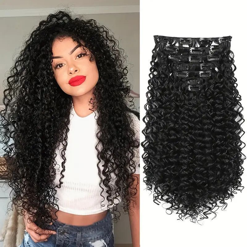 Synthetic Wigs for Women, African Small Curls, 7-Piece Set, Clip-In Hair Extensions, Kinky Long Curly Hair, No Hair Net Needed