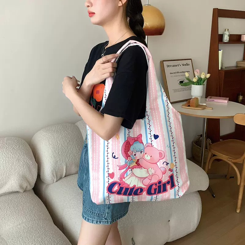 小众卡通可爱帆布包女2024年新款大容量背心包加厚环保袋一件代发