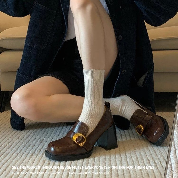 牛革版2025新型レトロ角頭太ヒール一足楽福靴ハイヒール小革靴女英倫風靴|undefined