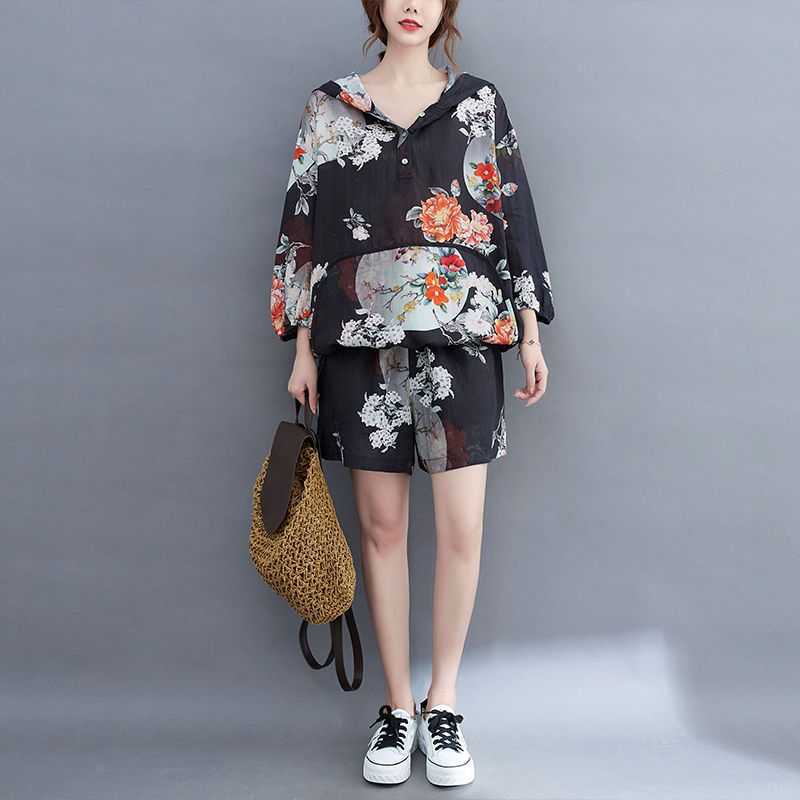 (2개) 플러스 사이즈 여성 의류 통통한 자매 인쇄 라미 반바지 투피스 세트 여성 후드 세븐 슬리브 얇은 탑 세트 여성 여름