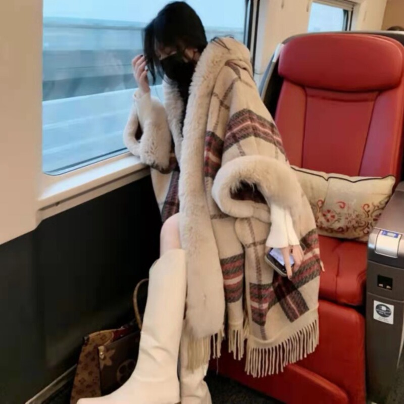 European and American Autumn and Winter New Faux Rex Rabbit Fur Collar Hooded Shawl Poncho Women's Woolen Coat plus size Cardigan Wool Sweater