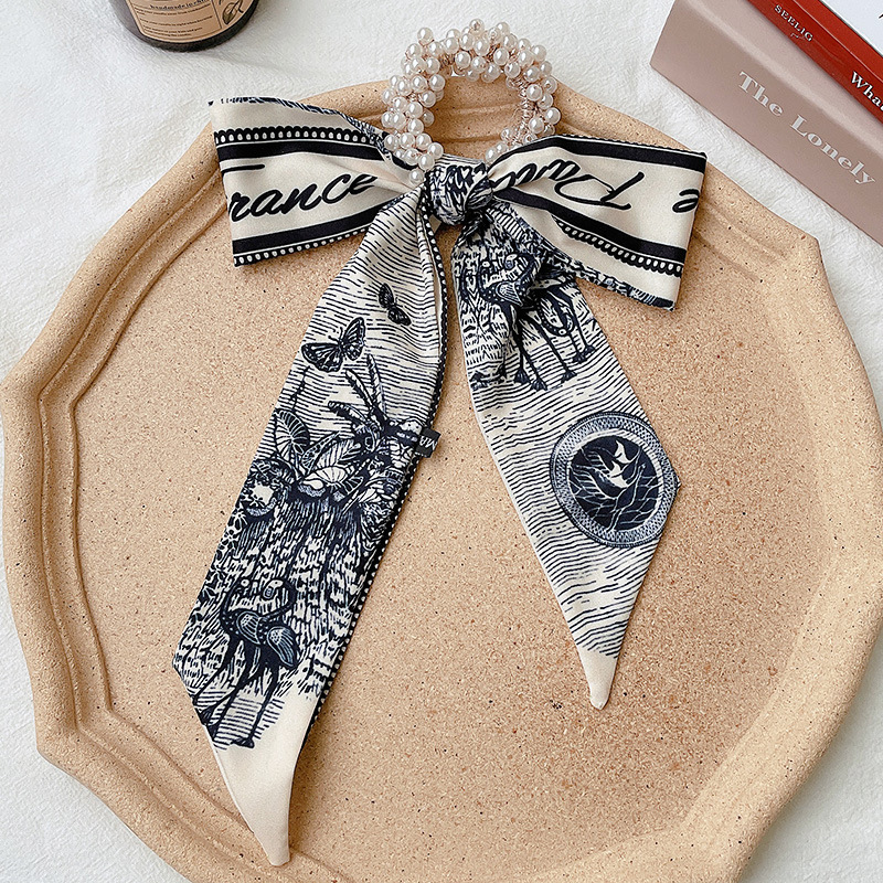 Banda de pelo de bufanda de seda para mujer corbata de pelo fino de verano de perlas cinta de arco Hada cuerda de pelo de todo fósforo estilo coreano accesorios para el cabello al por mayor