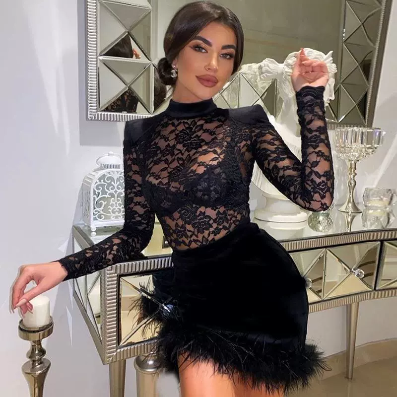 长袖秋季裙子性感包臀蕾丝拼接绒面毛毛透视辣妹短款连衣裙