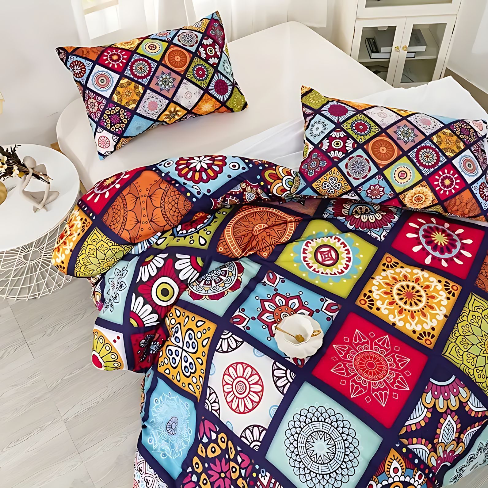 TEMU / JIT estilo bohemio de color cuadrícula 3D impresión digital abrasión colcha de colcha Kit
