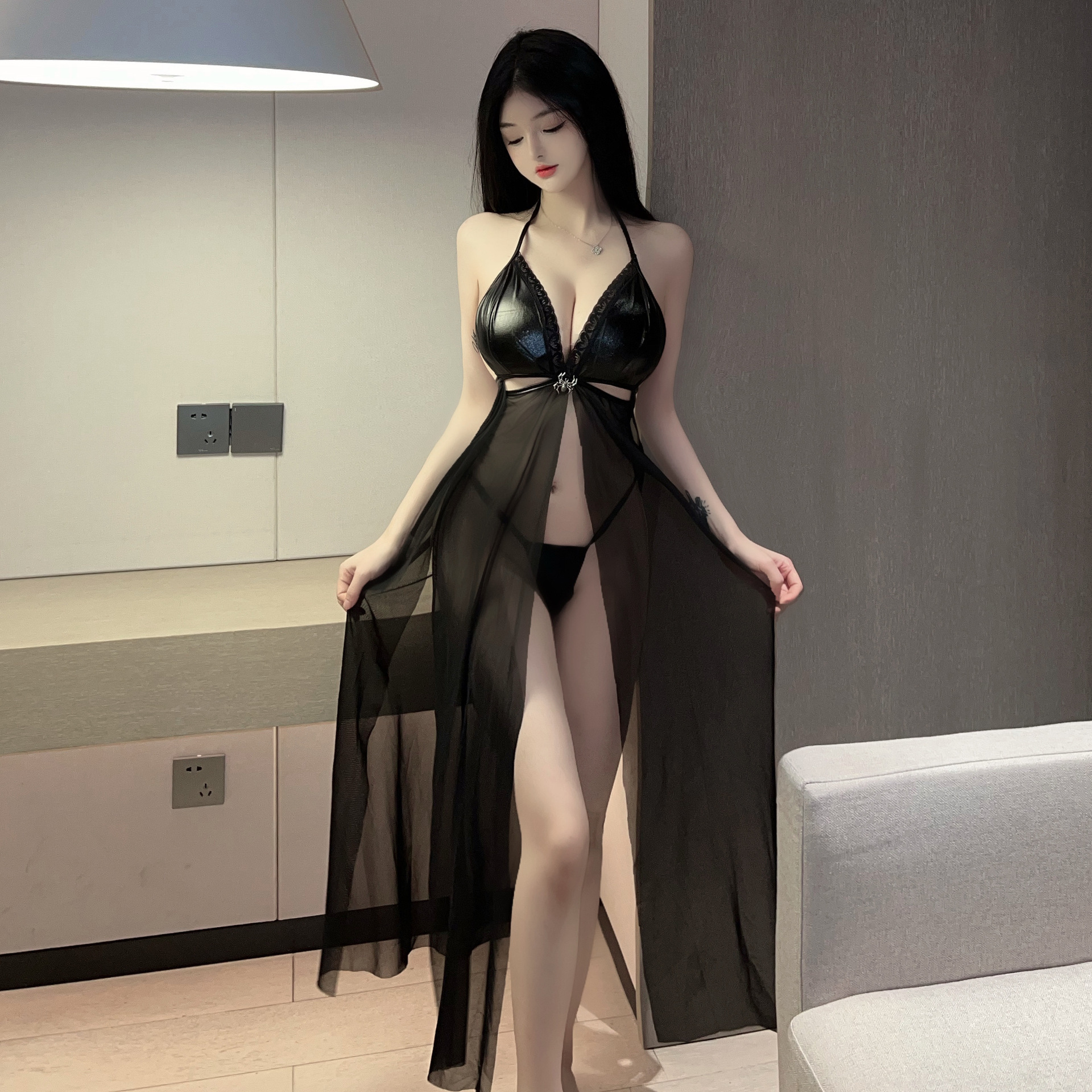 섹시한 속옷 레이스 로우 컷 원점 유혹 파자마 섹시 스플릿 롱 원피스 넥 스트랩 레이스 유니폼 세트