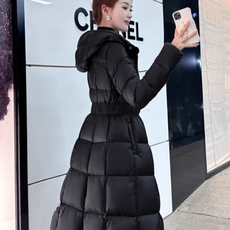 2025过膝中长款羽绒服女加厚冬季新款收腰修身显瘦连帽外套白鸭绒|undefined