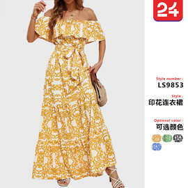 2025欧美跨境新款独立站亚马逊连衣裙女一字肩短袖印花荷叶边长裙