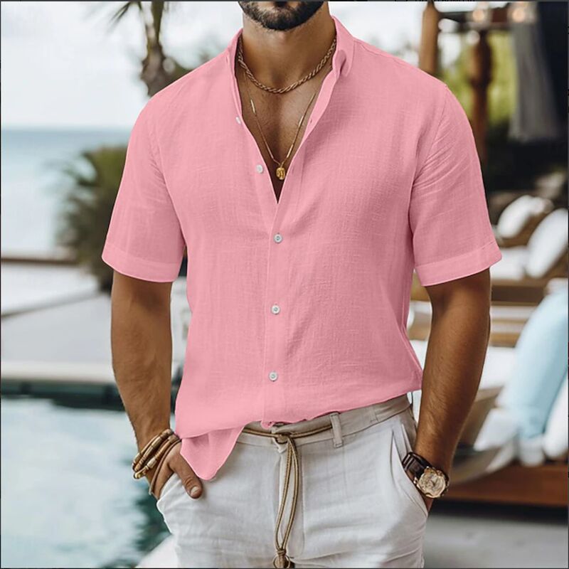 European and American Cross-Border Men's Summer Shirts, Beachwear, Button-Down, Solid Color, Casual Vacation, Flip-Collar, Summer Clothing, New Style