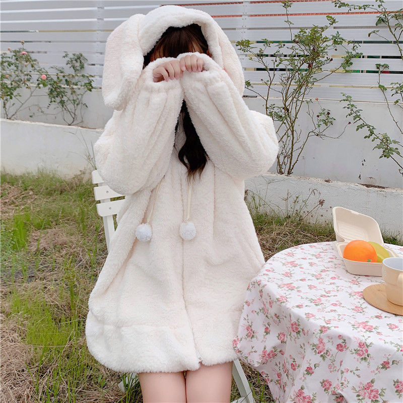 Japanese Soft Girl Rabbit Ear Mid-length Hooded Sweater Women's Autumn and Winter Cashmere Coat Women