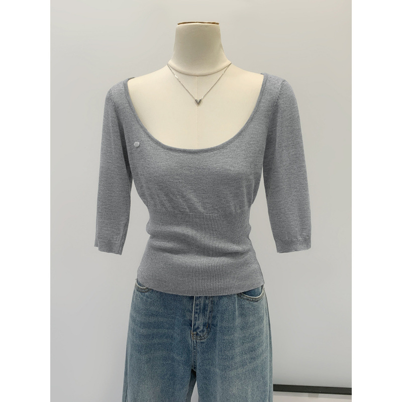 Tiktok Hot-Selling Waist-Cinching Slim-Fit Half-Sleeve Wool Knit T-Shirt for Women, Summer 2026 New Super Trendy Age-Reducing Top