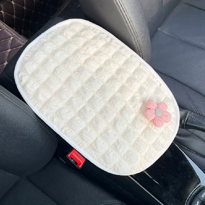 Armrest box pad Cartoon Car Interior Decoration, Central - white-puff-pink-flower-armrest-cushion