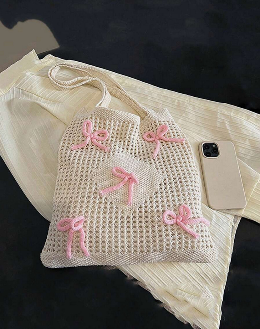 Double Shoulder Straps Strap Type Women's Medium Polyester Bow Knot Cute Preppy Style Knitting Hollow Square Open Square Bag
