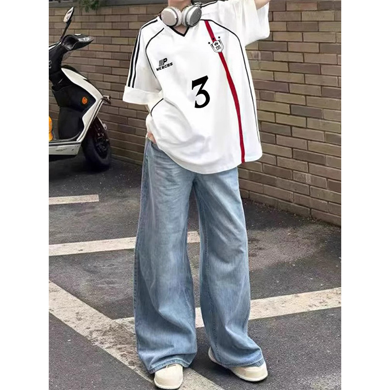 アメリカンレトロカレッジスタイルピュアコットンVネック半袖Tシャツレディース2025年夏新作スプライシングスリーストライプスカップルトップ|undefined