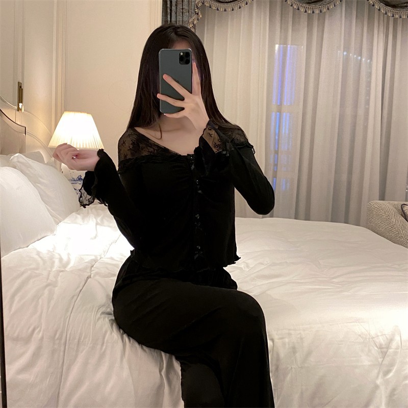 睡衣女春秋蕾絲公主長袖2024新款莫代爾法式甜美帶胸墊家居服套裝