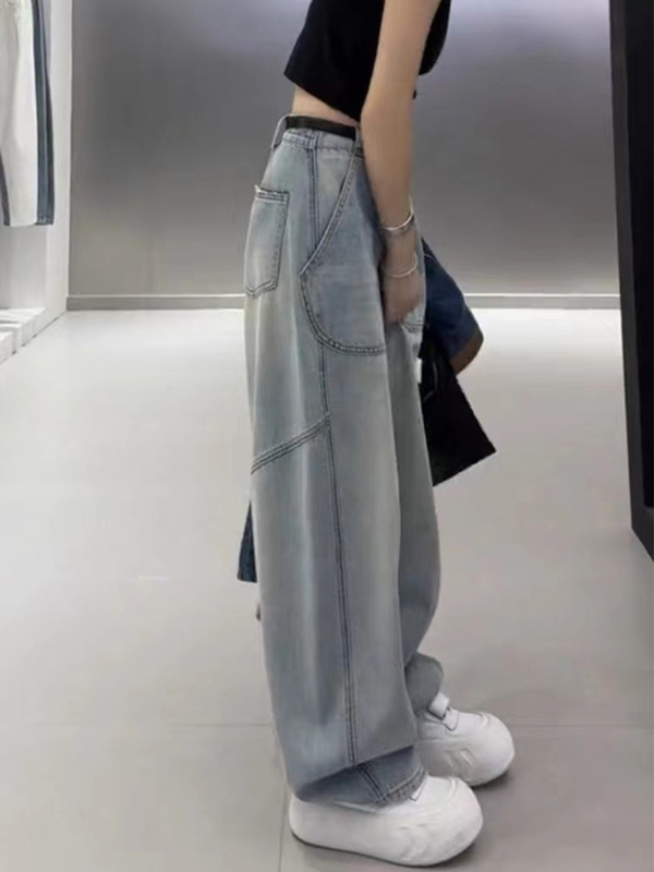 阔腿牛仔裤女大码复古美式秋季薄款胖mm宽松高腰显瘦直筒拖地裤子|undefined