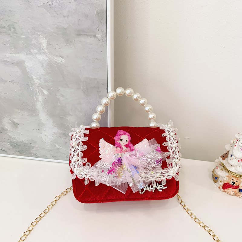 Bolso de niños nuevo bolso de perla rojo de Año Nuevo lindos princesas niñas bolso de hombro de cadena de estilo extranjero bolso de mochila