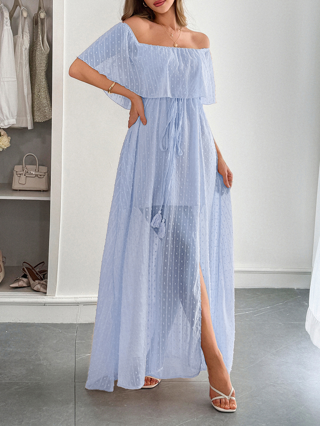 Women's A- Line Skirt Elegant Off Shoulder Short Sleeve Stripe Polka Dots Maxi Long Dress Holiday Banquet Daily display picture 8