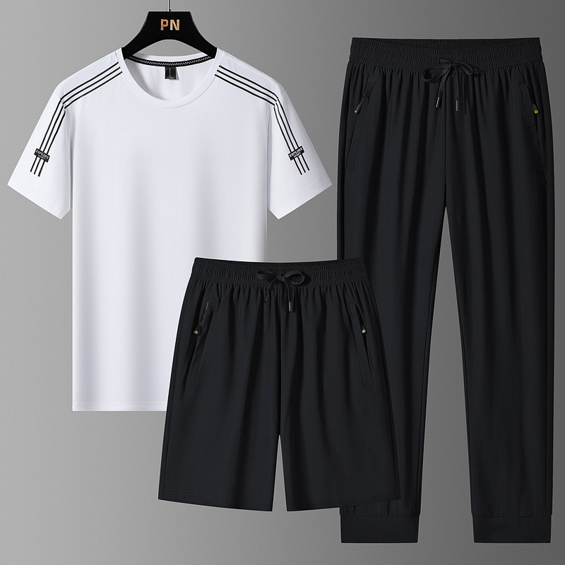 Hombres delgados de tamaño grande juego deportivo de hielo camiseta de cuello redondo suelta secado rápido mangas cortas pantalones cortos 3 piezas al por mayor