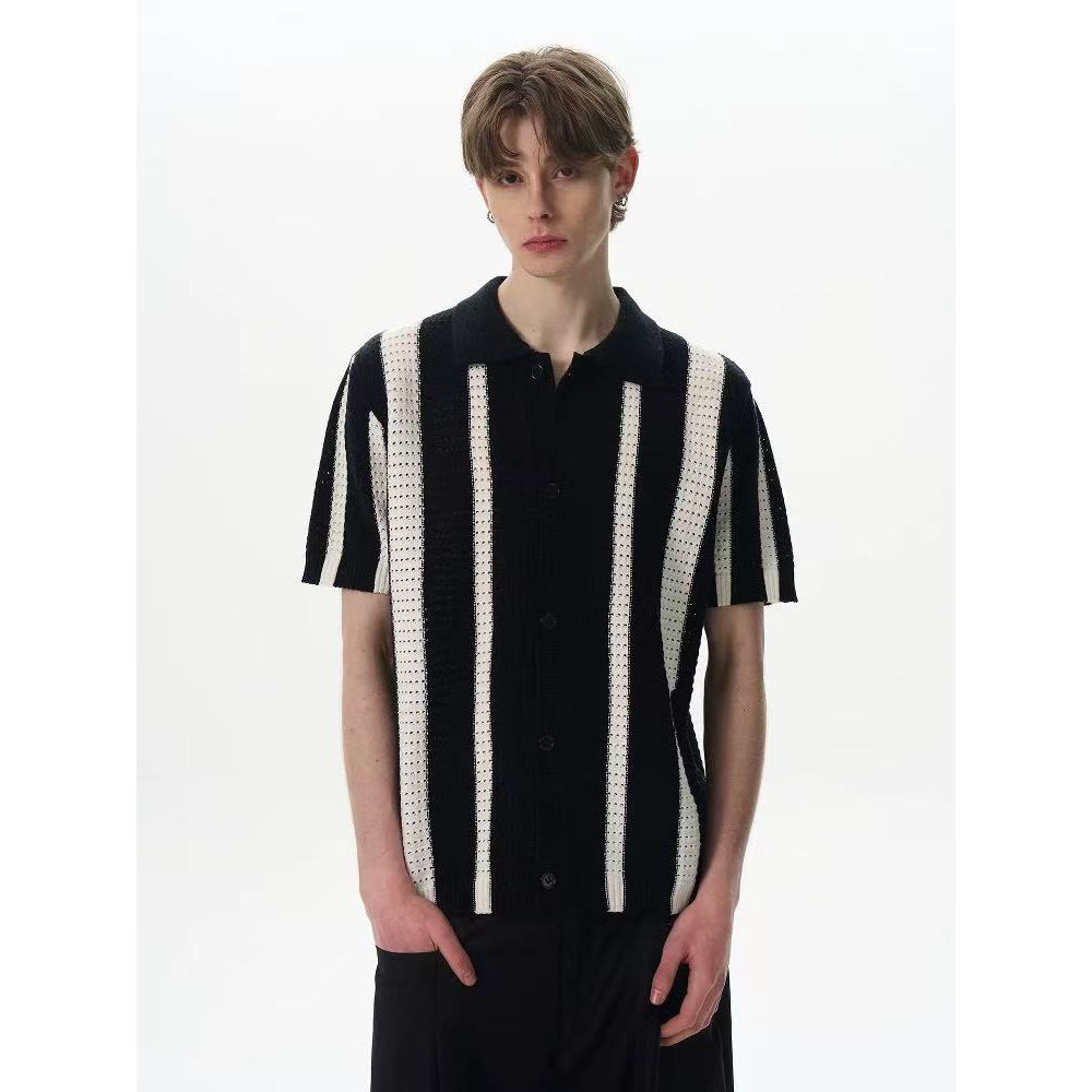 POLO camisa solapa suéter de manga corta hombres rayas huecas negocios británicos slim fit hielo seda verano comercio exterior transfronterizo al por mayor