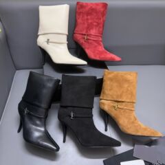 秋冬高定新款ss全真皮时装短靴细跟尖头套筒皮靴时尚欧美百搭女靴