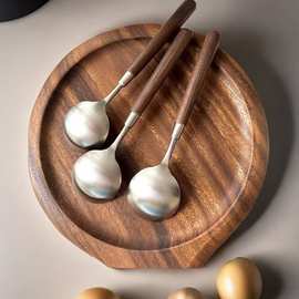 仿胡桃木不锈钢圆勺西餐勺吃饭勺汤勺实木勺子木柄大勺子加logo