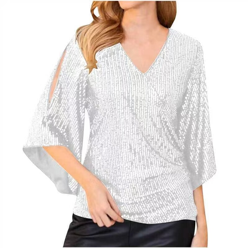 2026 European and American Amazon Cross-Border New Women's Sequined Three-Quarter Flare Sleeve V-Neck Slim Fit Sparkling Party Dress 2026 European and American Amazon Cross-Border New Women's Sequined Three-Quarter Flare Sleeve V-Neck Slim Fit Sparkling Party Dress