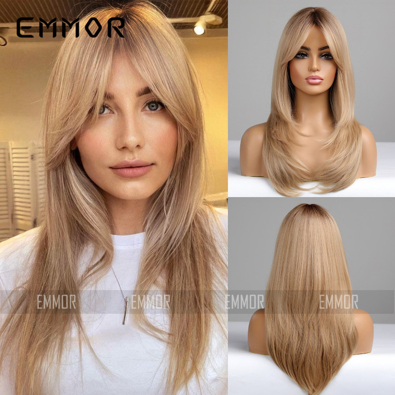 Foreign Trade Cross-border New Products European and American Full Headgear Eight-character Liu Gradient Golden Hair Tail Roll High Temperature Silk Chemical Fiber Wig Women