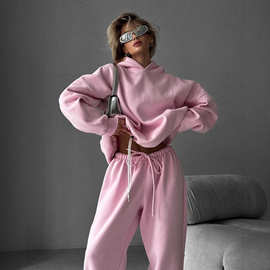 2025秋冬新款欧美纯色长袖连帽卫衣女装时尚休闲长裤运动套装