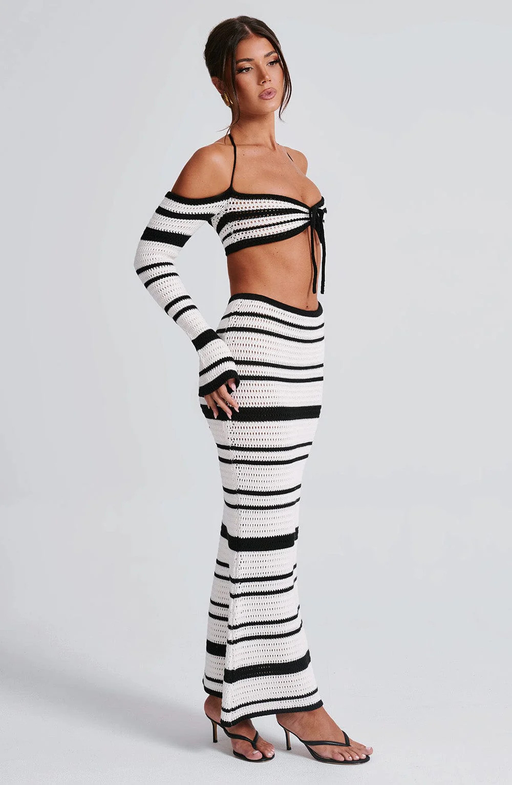 427g Weight Long Sleeve Sleeve Length Polyester Fabric Type Skirt Co-ord Set Sets Type 2 Pieces Set Quantity Holiday Occasion Halter Neck Neckline Comfort Function Regular Fit Fit Type Stripe Pattern Summer Season Women's Gender Streetwear Style Holiday Women's Streetwear Stripe Polyester Skirt Co-ord Set Skirt Sets 无