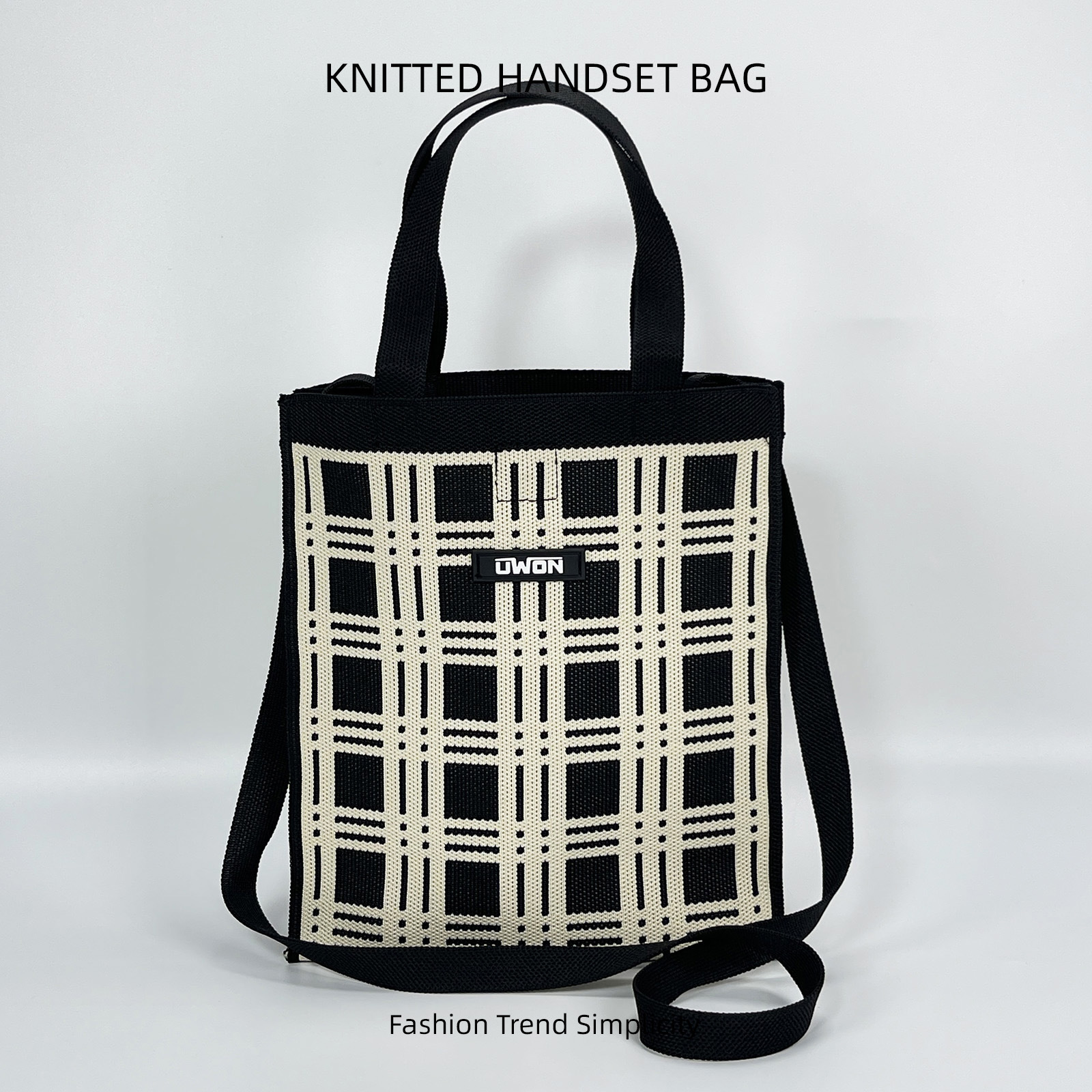 Nuevo bolso de hombro de punto de rombo en blanco y negro, bolso de mensajero de viaje de gran capacidad casual coreano, bolso cuadrado pequeño