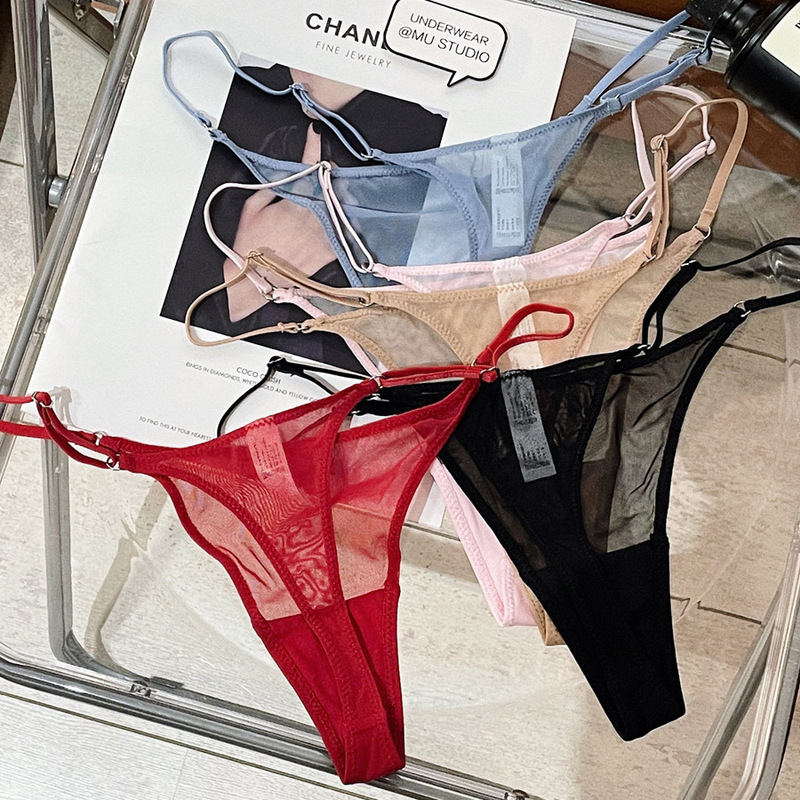 Sexy Pure Thong Adjustable plus size Strap Sex Perspective Transparent Women's European and American High Split Thin T-pants