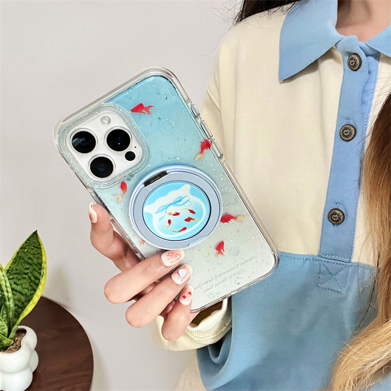 Is viento gradiente lentejuelas koi para iPhone16ProMax/15 funda para teléfono móvil 360 soporte magnético 14P femenino