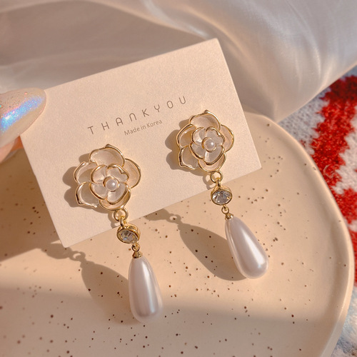 山茶花耳饰时尚复古珍珠花朵耳环小众设计感耳钉女网红年新款