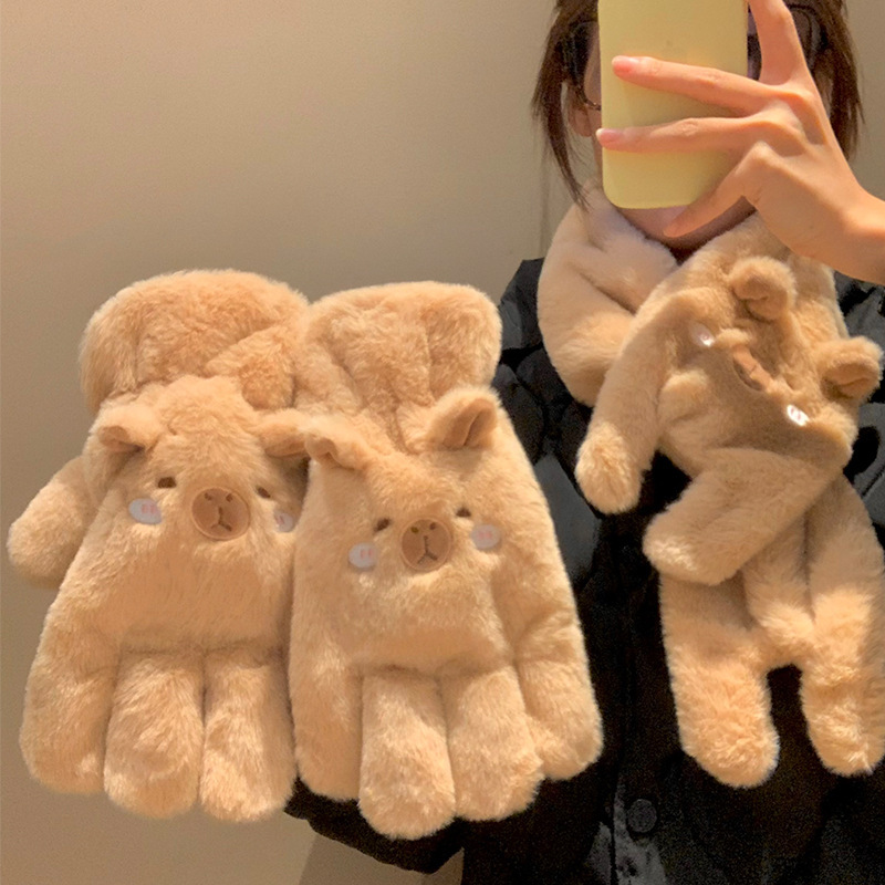 Cute Kapibara Plush Gloves for Women, Winter Five-Finger Fleece-Lined Thickened Cycling Warmth, Cold-Proof, Windproof, Neck-Hanging