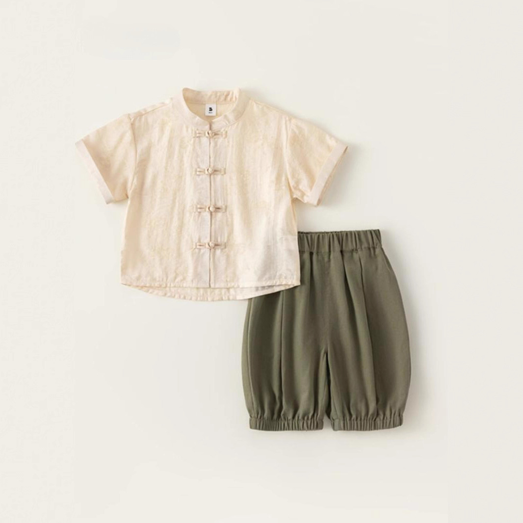 男童新中式套装宝宝中国风薄款唐装儿童短袖中裤两件套民族风夏装