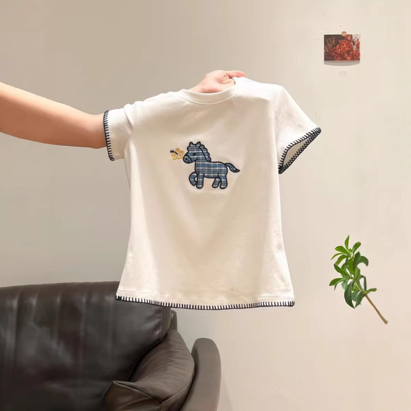 Korean-Style Sweet and Energetic Pony Embroidered Short-Sleeve T-Shirt for Women, Unique and Beautiful, Slim-Fit, Flattering, Summer Top