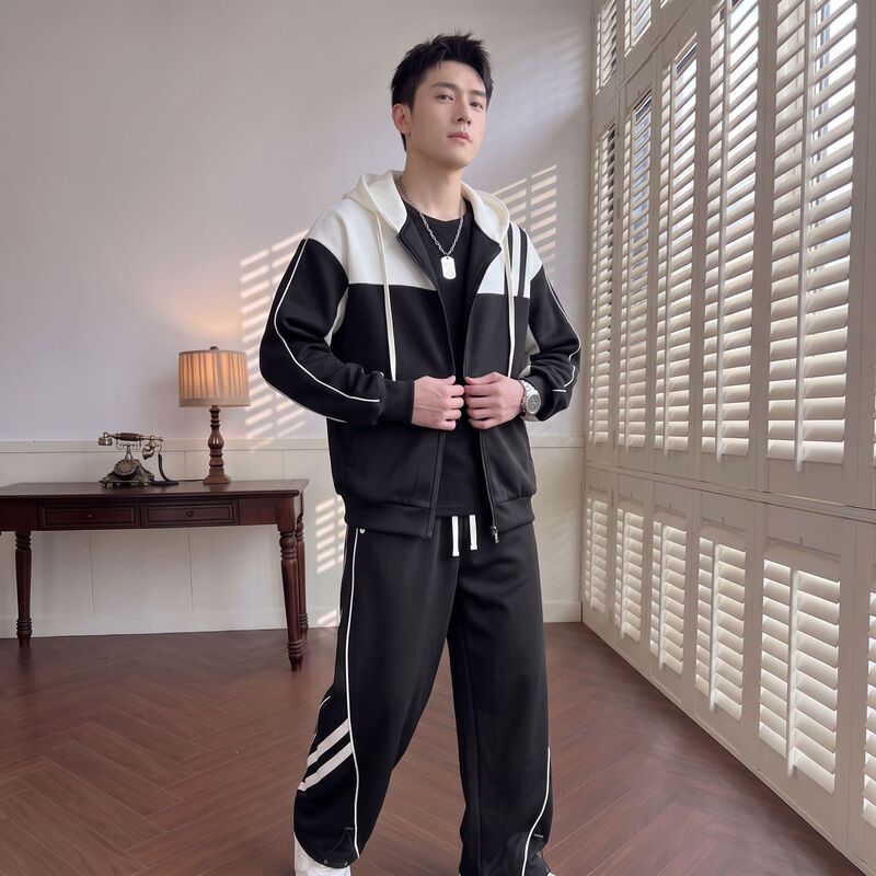 Spring and Autumn New Men's Loose Jacket and Pants Two-Piece Set, Youthful and Stylish Versatile Cardigan Hooded Sweatshirt and Sweatpants Spring and Autumn New Men's Loose Jacket and Pants Two-Piece Set, Youthful and Stylish Versatile Cardigan Hooded Sweatshirt and Sweatpants