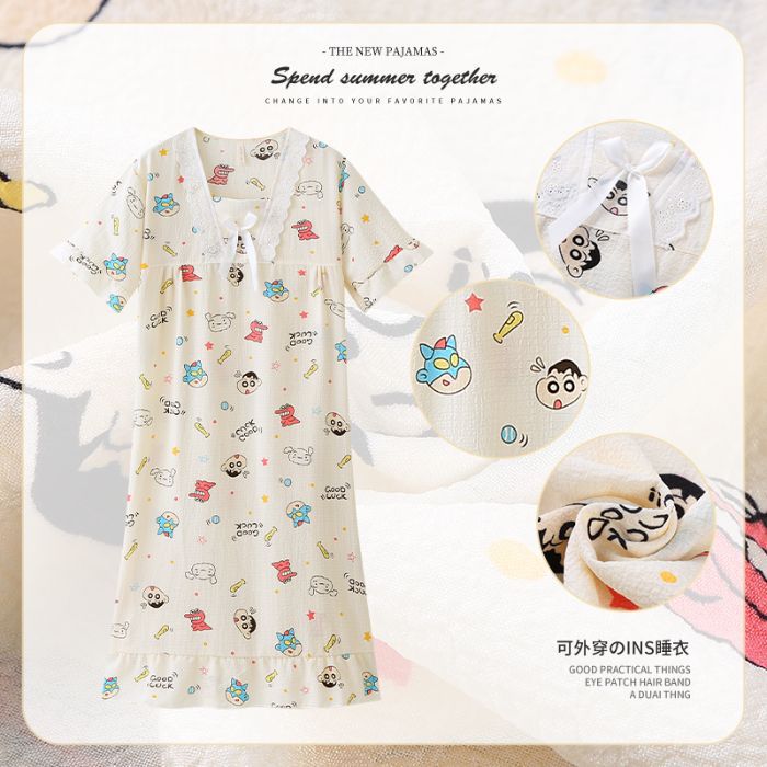 Camisón de manga corta de algodón de burbuja de verano al por mayor transfronterizo de dibujos animados dulce y lindo servicio a domicilio para niñas pijamas sueltos casuales