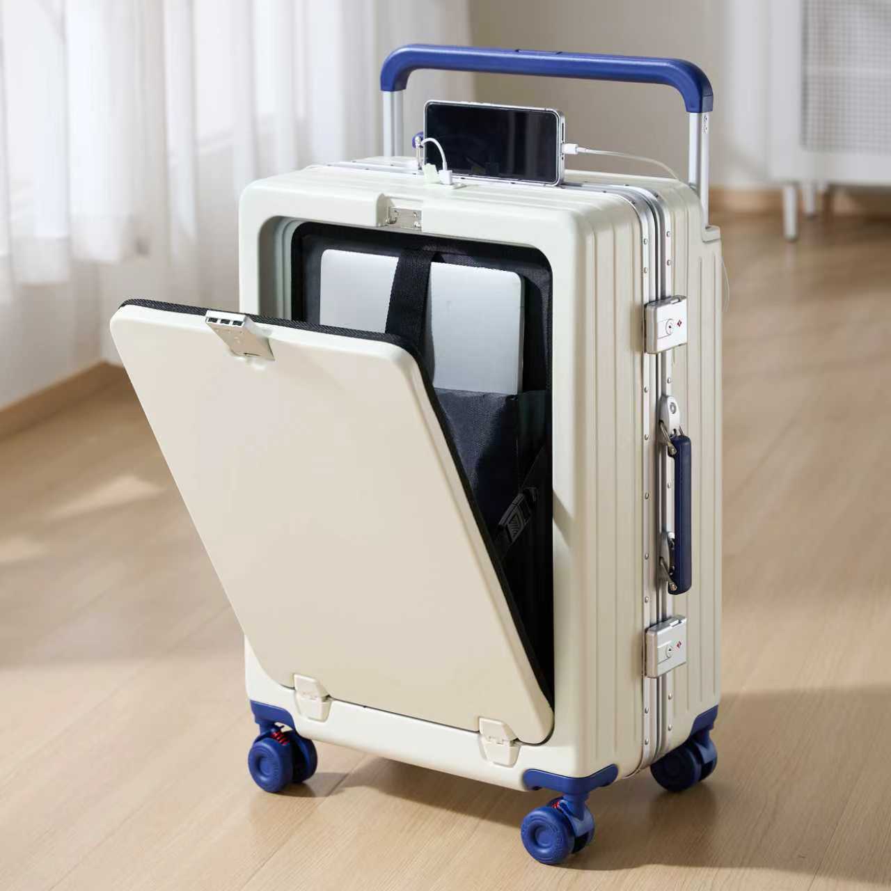 화이트 & 다크 블루 - 레트로 휠 (알루미늄 프레임 전면 개방형 + USB 충전 + 컵 홀더)