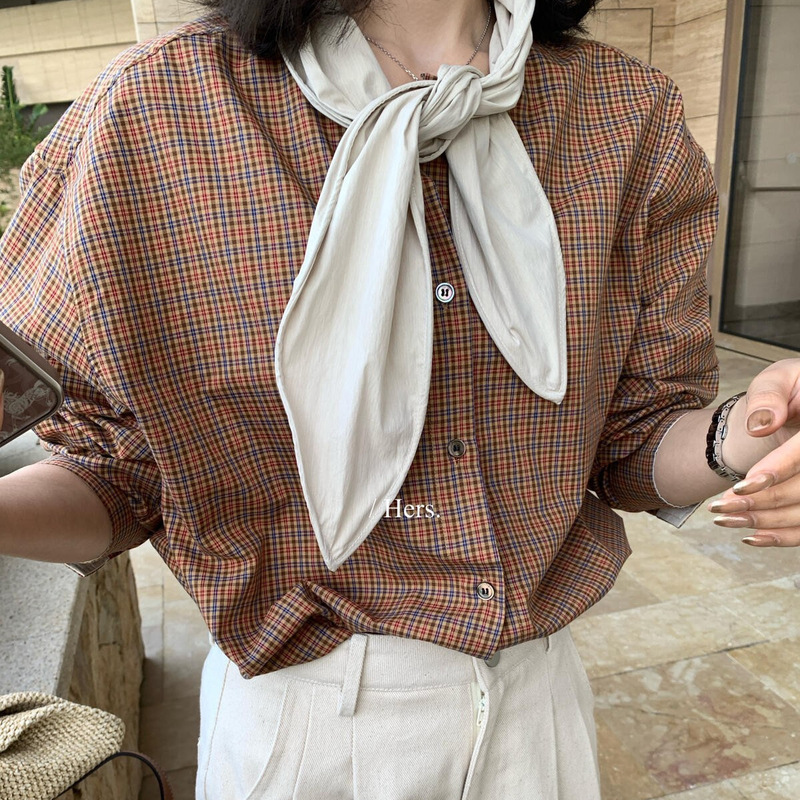 Hers a Spoonful of Sweetness Korean-Style Academy Style Simple Hong Kong Style Retro Plaid Adjustable Collar Long Sleeve Shirt Hers a Spoonful of Sweetness Korean-Style Academy Style Simple Hong Kong Style Retro Plaid Adjustable Collar Long Sleeve Shirt