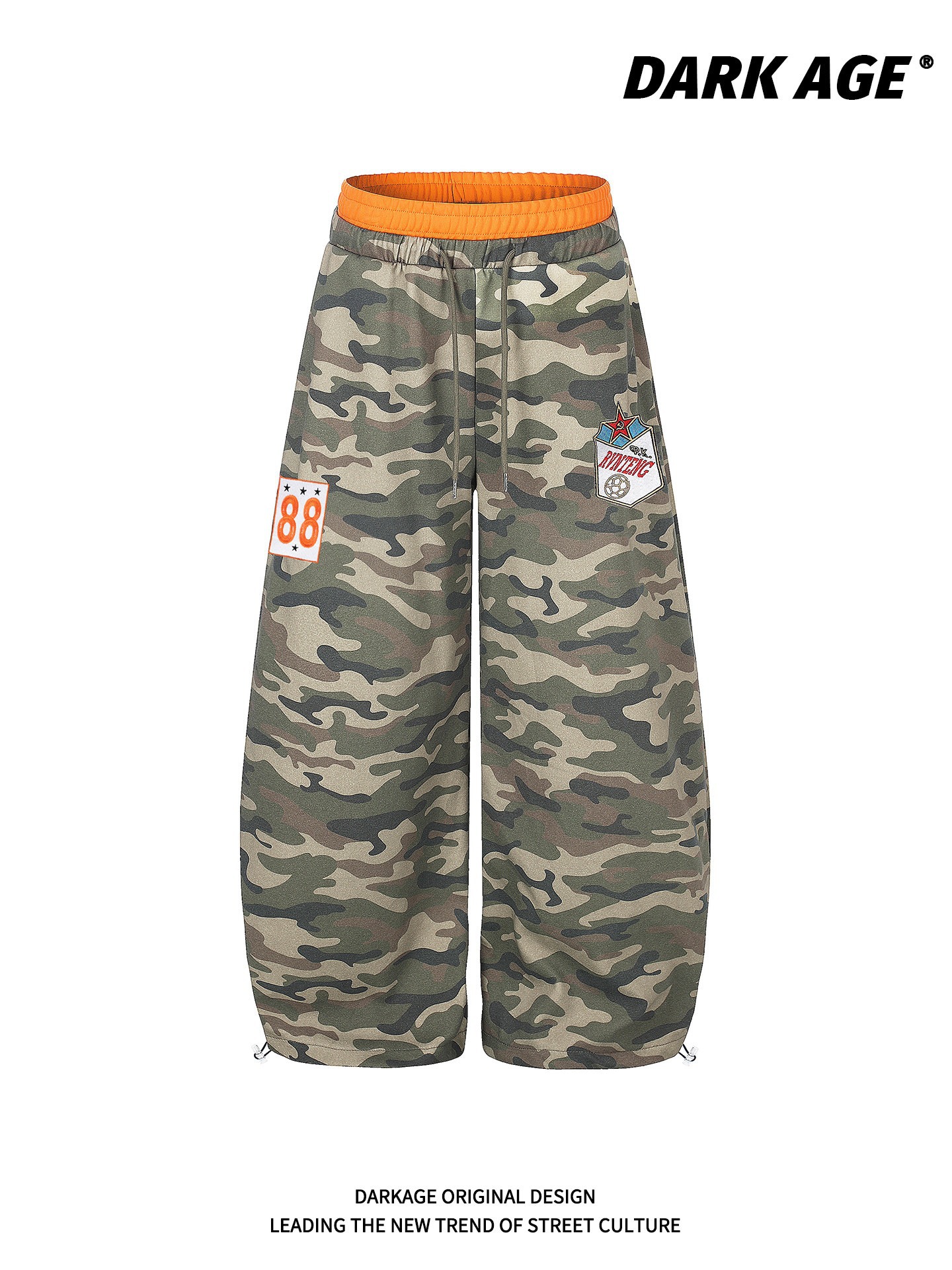 American retro style color-blocked double-waisted embroidered camouflage curved hem sweatpants, unisex trendy sports pants with a unique design, wide-leg pants