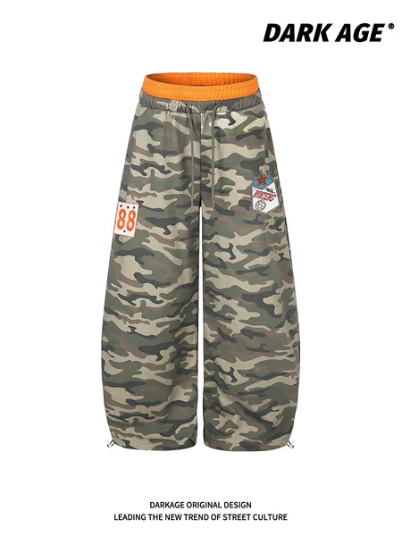 American retro style color-blocked double-waisted embroidered camouflage curved hem sweatpants, unisex trendy sports pants with a unique design, wide-leg pants