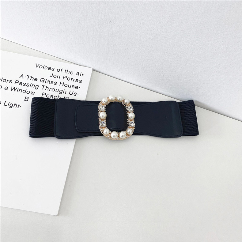 Basic Style White, Black Color Pearl Diamond Oval Buckle Decorative Coat Girdle Elastic Wide Belt Wholesale