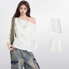 白い蝶結びの斜め肩の肩の長袖のtシャツの女性の夏は腰の薄いタイプの日焼け止めのブラウスのエアコンの上着の夏を収めます。