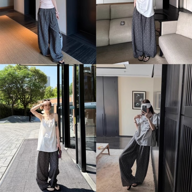 韓国風レイジースタイル花柄薄手カジュアルパンツ女性用夏ハイウエストドレープゆったり肉感ストレートワイドレッグパンツ|undefined