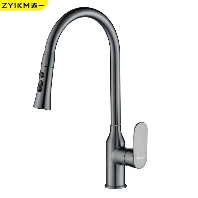 Pistola de cobre gris extraíble grifo de la cocina del hogar sobrealimentado plato universal lavabo caliente y fría grifo a prueba de salpicaduras
