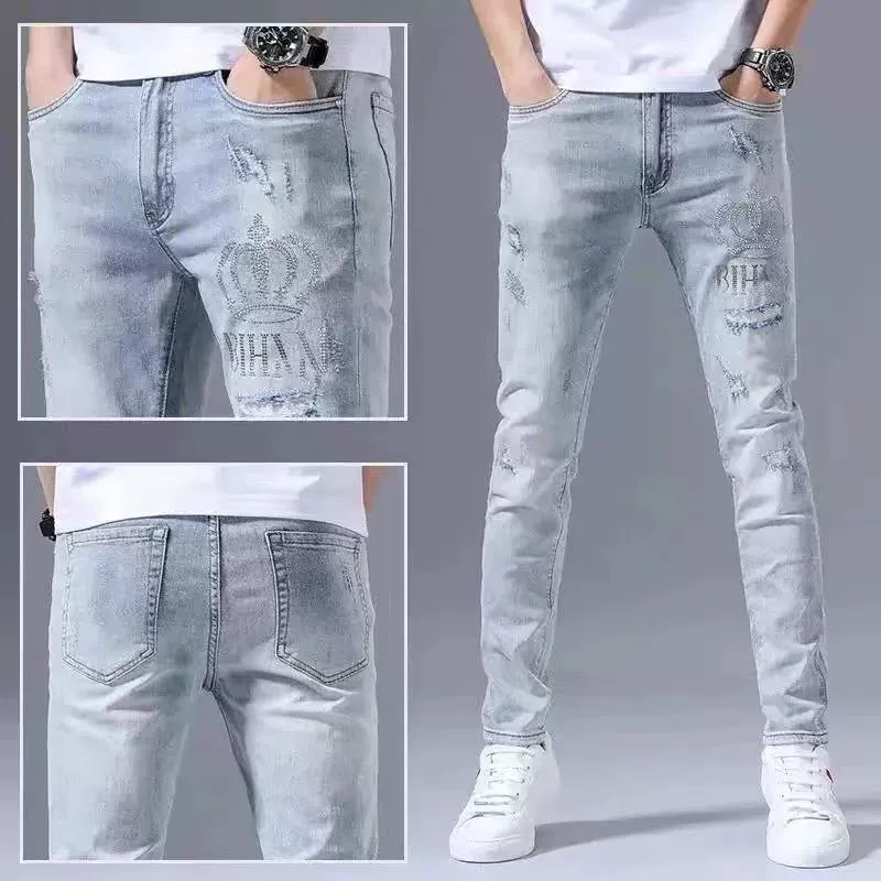 Осенние элитные трендовые джинсы, легкие брюки, с вышивкой, Slim fit