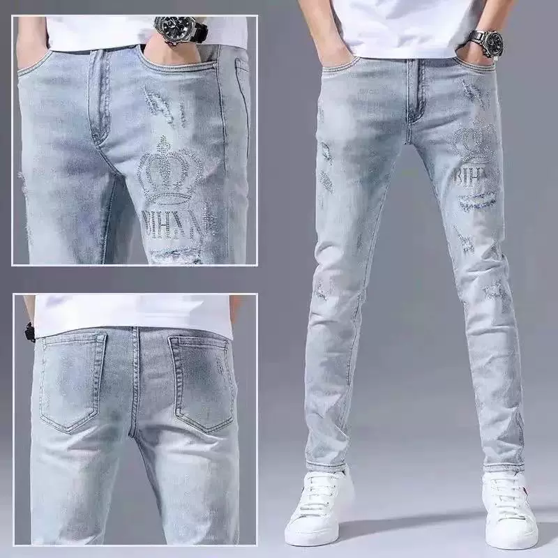 Осенние элитные трендовые джинсы, легкие брюки, с вышивкой, Slim fit